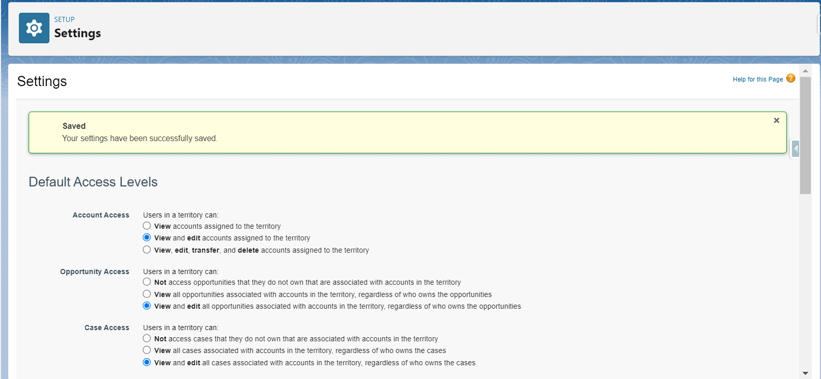 Access Level Setting Save