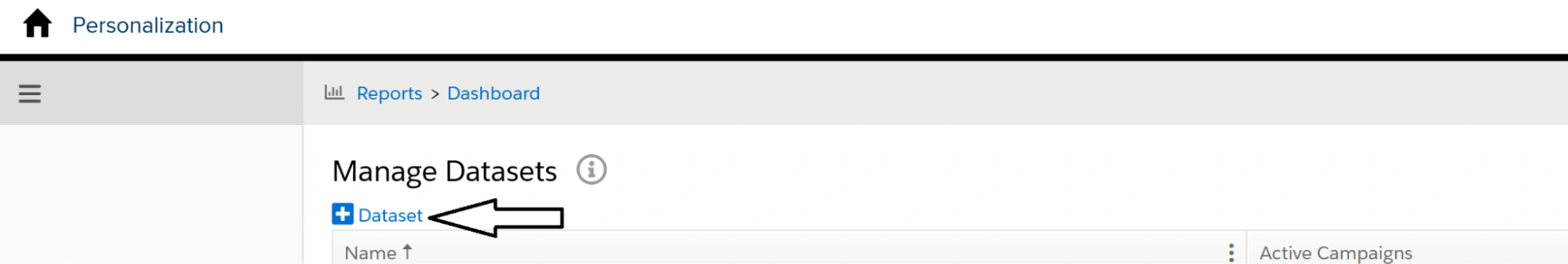 Click on the Data Icon to Create New Dataset Setup Screenshot
