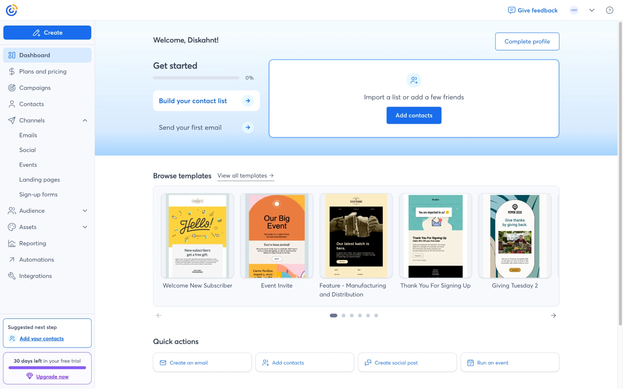 Constant Contact main dashboard displaying the option to switch to Integrations