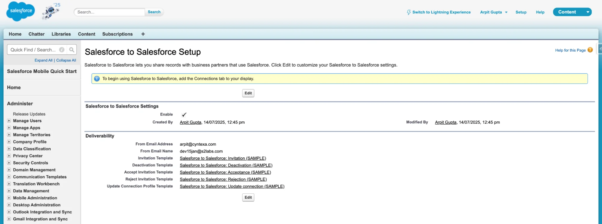 Enable Salesforce to Salesforce Settings