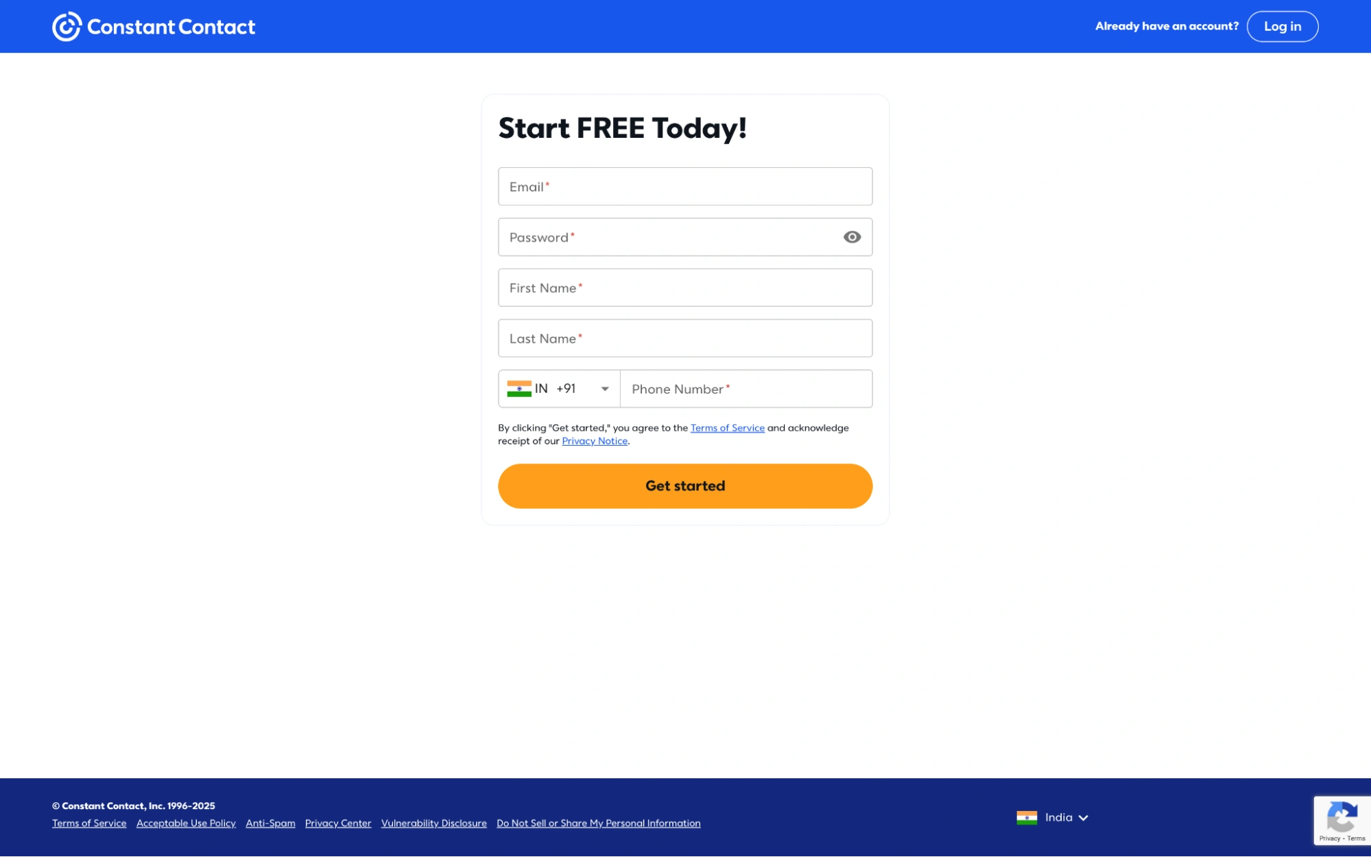Signup form with Get Started button