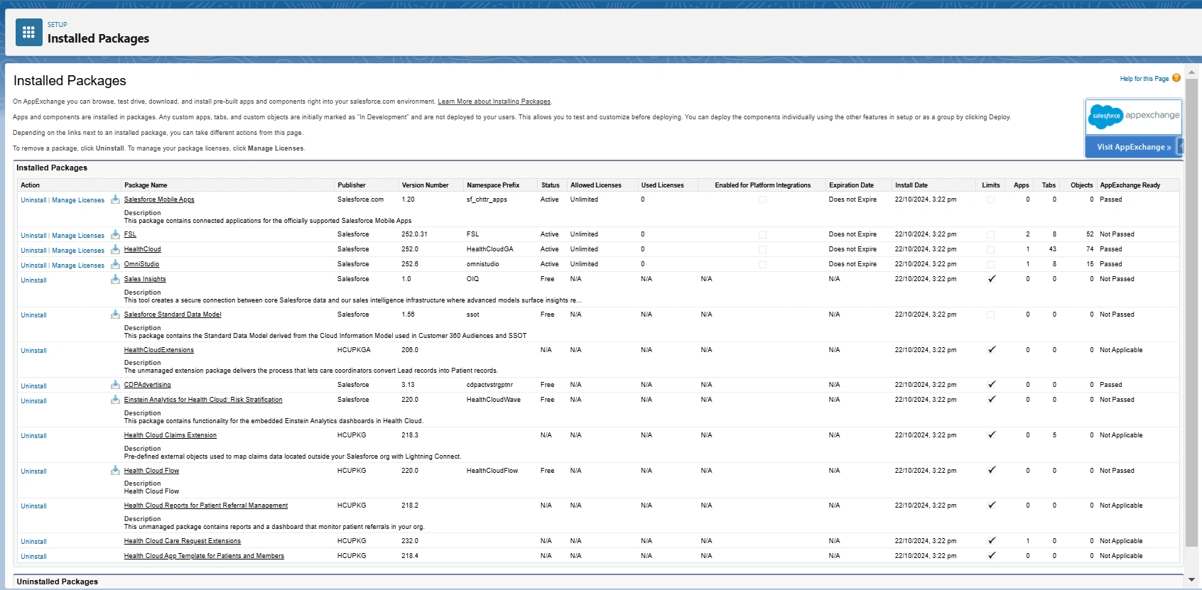 Installed Health Cloud Packages