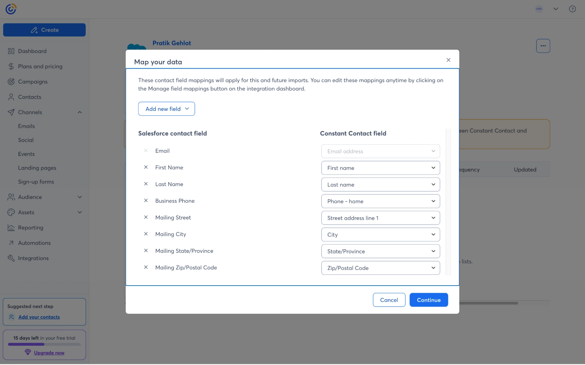 Mapping Salesforce fields to Constant Contact fields