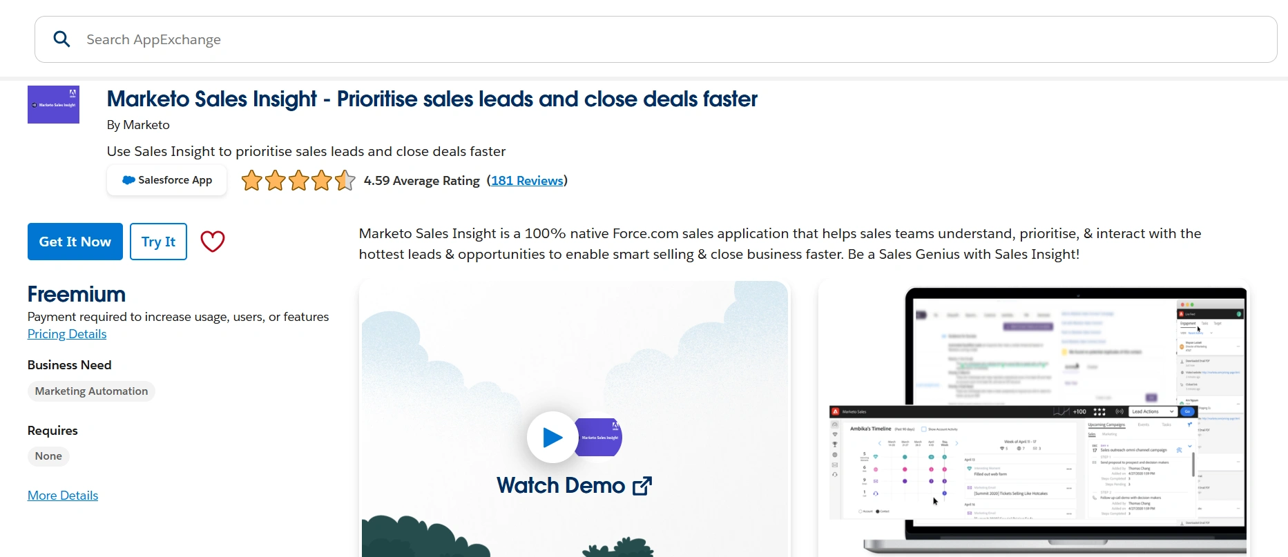 Salesforce AppExchange search for Marketo sales insight and click get it now to initiate the installation