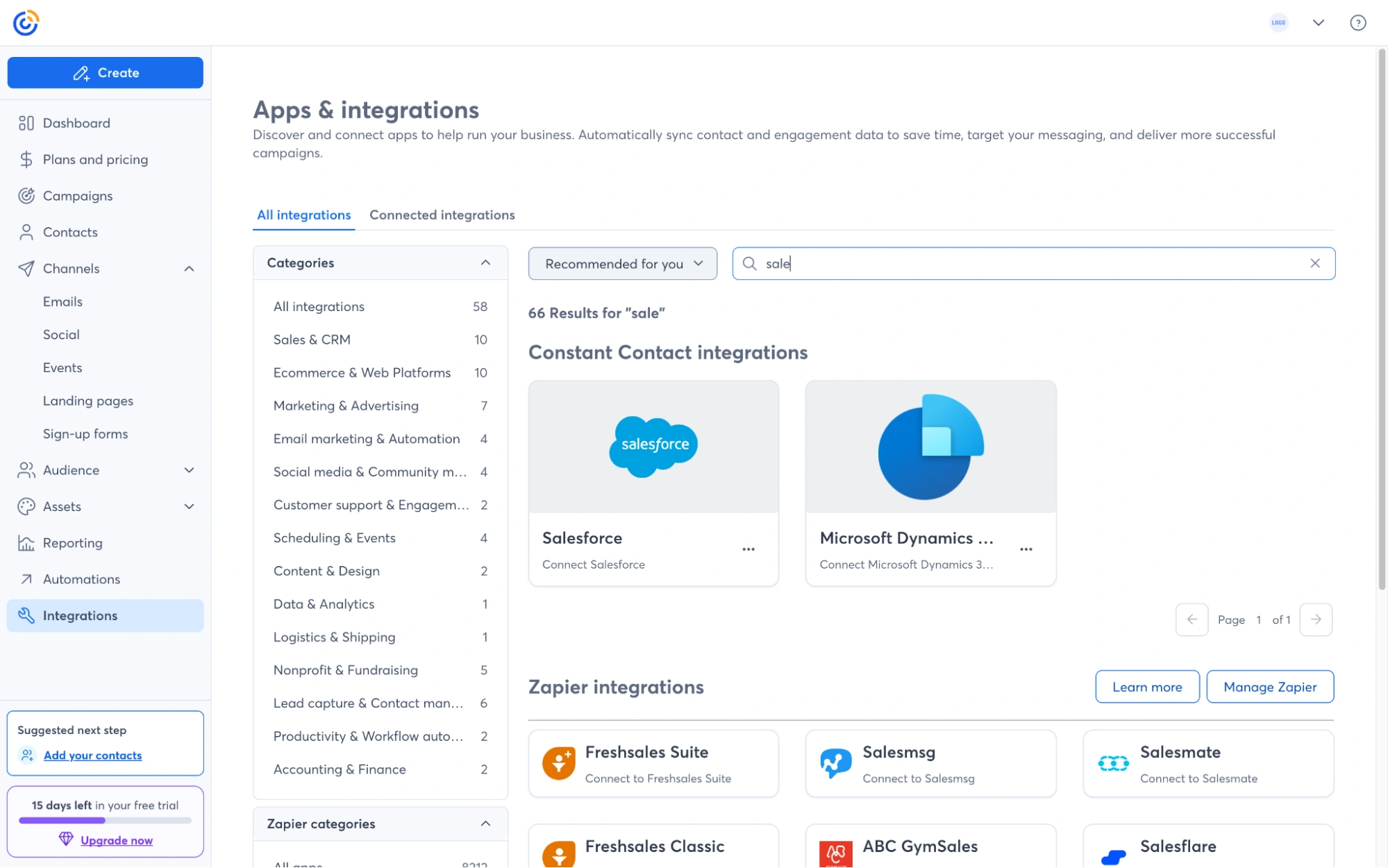 Integration tab open with a search bar used to find Salesforce