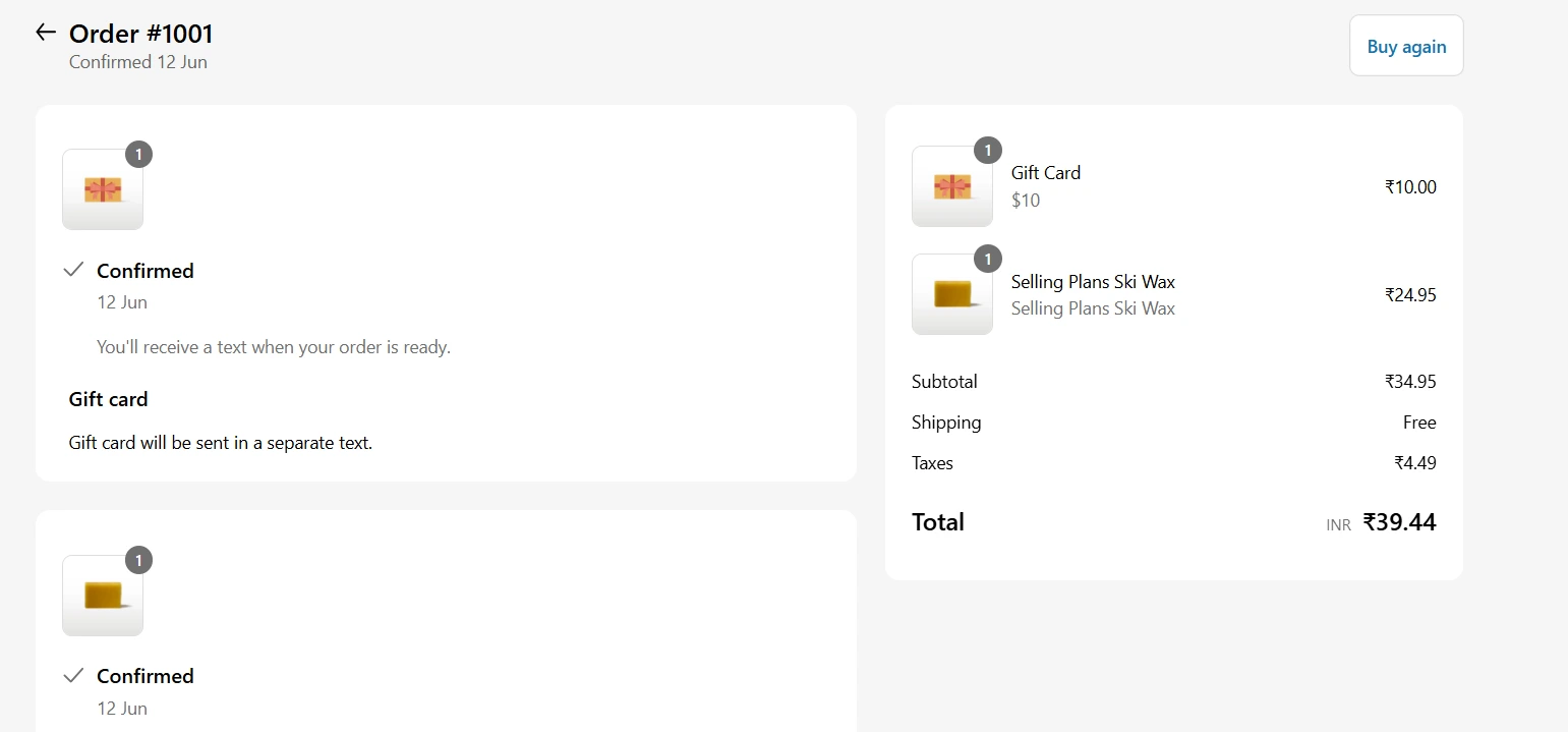 Information and status of an order