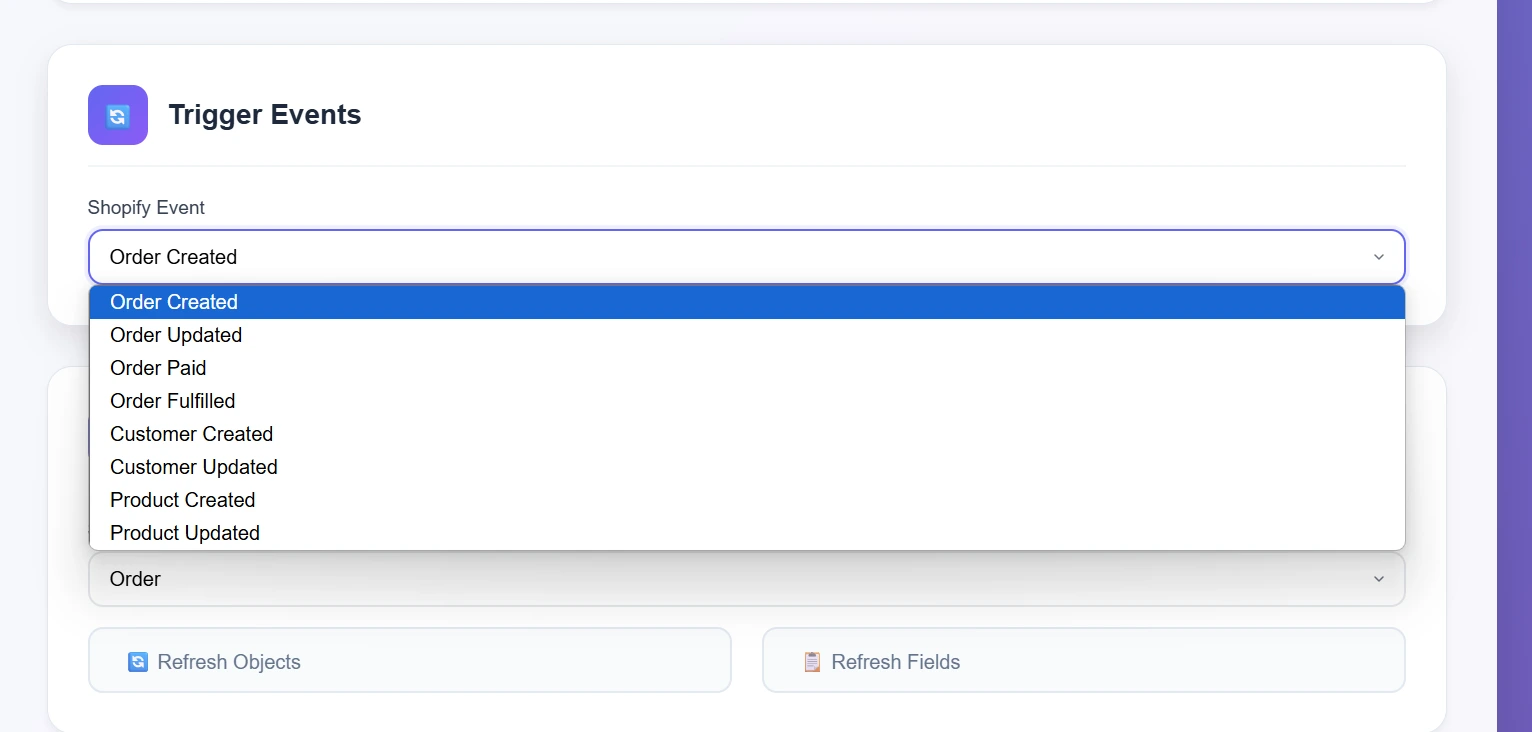 Supported Shopify Trigger Events having multiple options to select